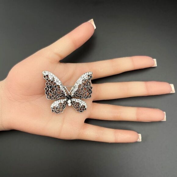 Silver with Onyx and White Diamond Crystal Filigree Butterfly Pin Back Brooch - Picture 7 of 7